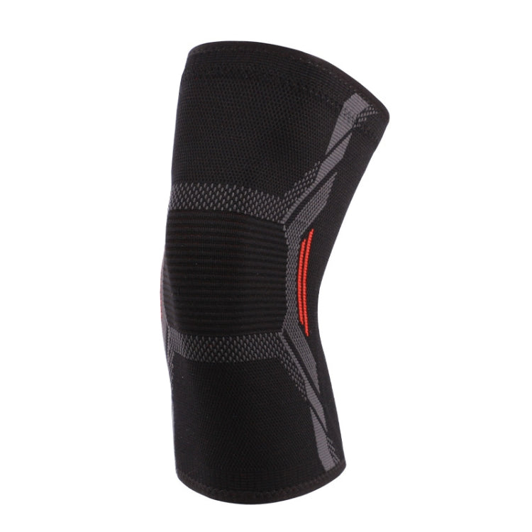 Black knit knee pad with gray support panels and red accent stripe, close view.