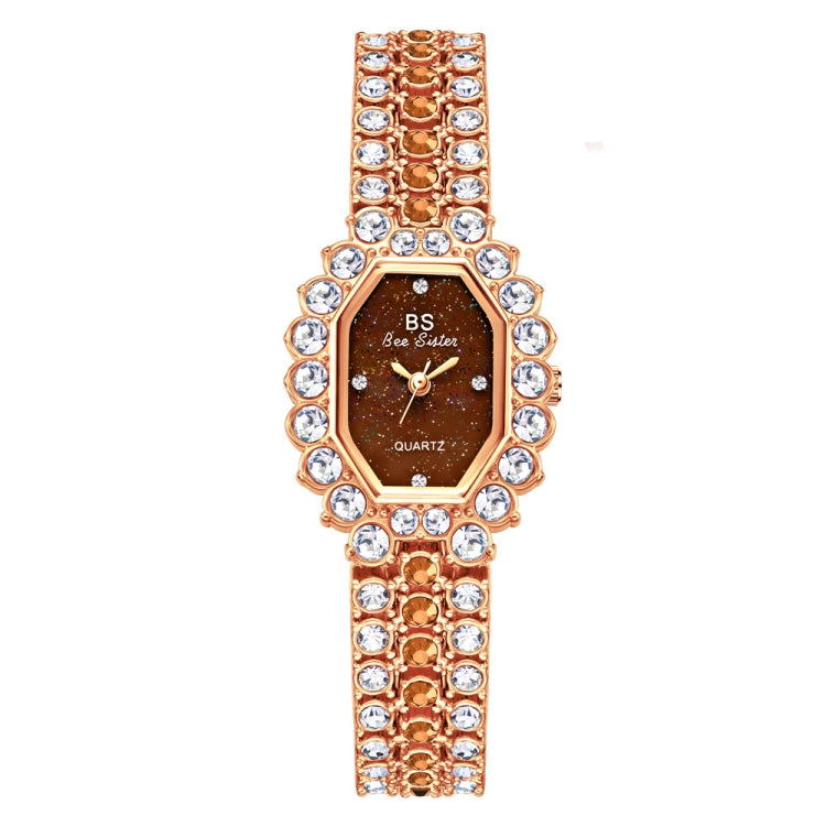Rhinestone women’s quartz watch with rose-toned strap and brown octagon dial