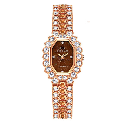 Rhinestone women’s quartz watch with rose-toned strap and brown octagon dial