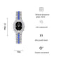 Silver rhinestone women’s quartz watch with dark face, blue side accents, push head