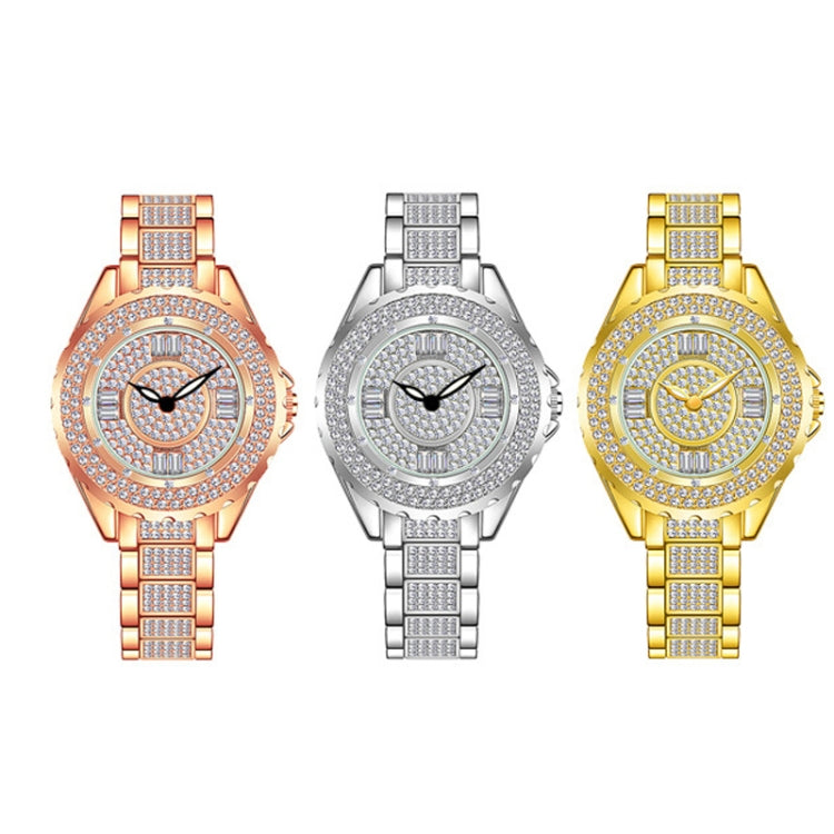 Set of three ladies watches with jeweled bezels in rose gold, silver, and gold tones