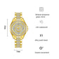 Gold-tone ladies watch with round jeweled dial and slim band with square links