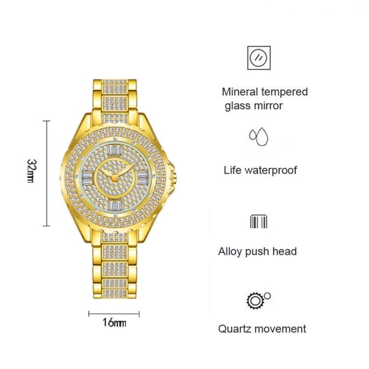Gold-tone ladies watch with round jeweled dial and slim band with square links
