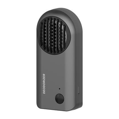 Grey mini air purifier deodorizer with circular vent grille and front control button