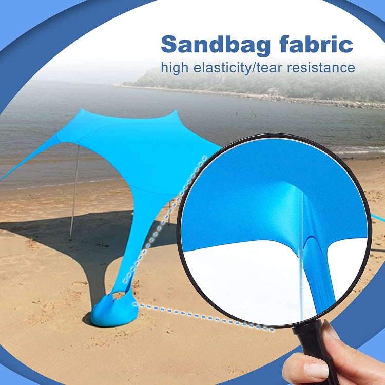 Blue sandbag base canopy tent with reinforced fabric at edges