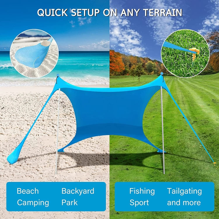 Blue beach camping canopy tent with stakes for quick setup