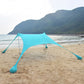 Outdoor beach sunshade canopy tent with sky-blue fabric stretched on corner poles