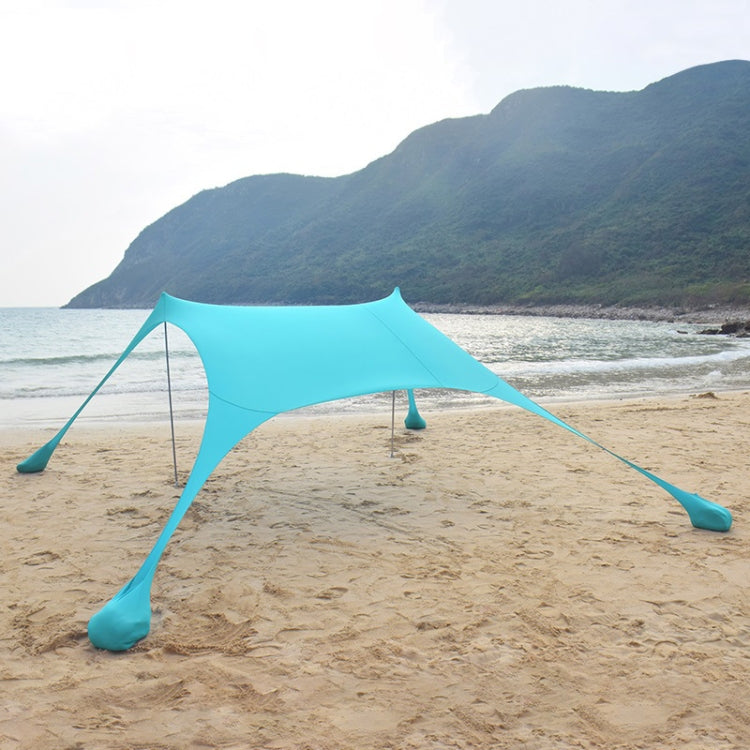 Outdoor beach sunshade canopy tent with sky-blue fabric stretched on corner poles