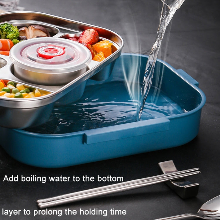 Peacock blue double-layer stainless lunch box with soup bowl insert and water pouring into base