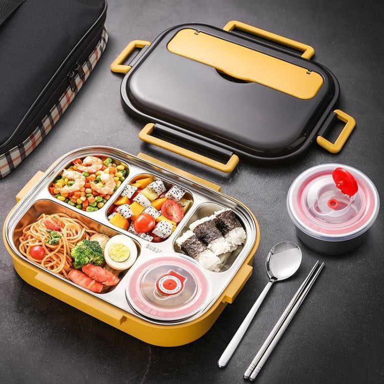 Lemon yellow double-layer lunch box with clear lid, divided trays, and pink side containers