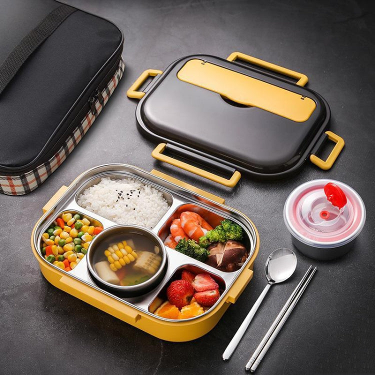 Lemon yellow double-layer lunch box with clear lid, divided compartments, and round food cups