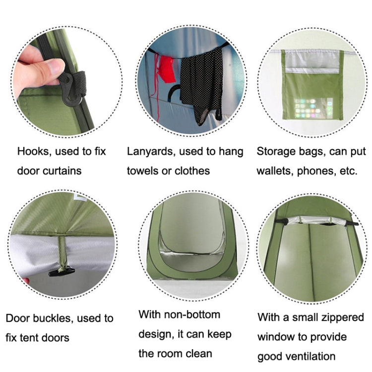 Camping shower tent features: hooks, lanyards, storage pockets, and small zippered window