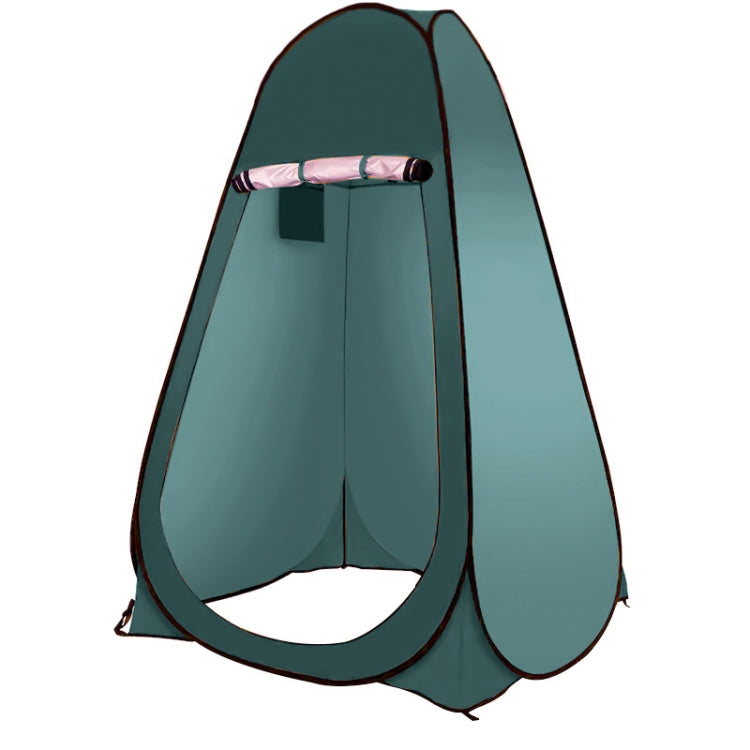 Portable camping shower privacy tent, teal green fabric with front door opening and top support bar