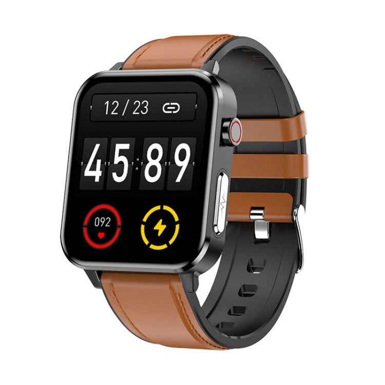 Bluetooth smartwatch with brown leather strap and black case, large digital time display