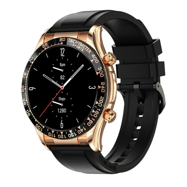 Smartwatch with black silicone strap, black dial, and gold-tone round bezel