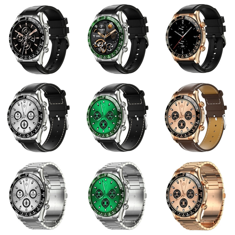 Smartwatch collage showing black, green, and gold-tone cases with different straps