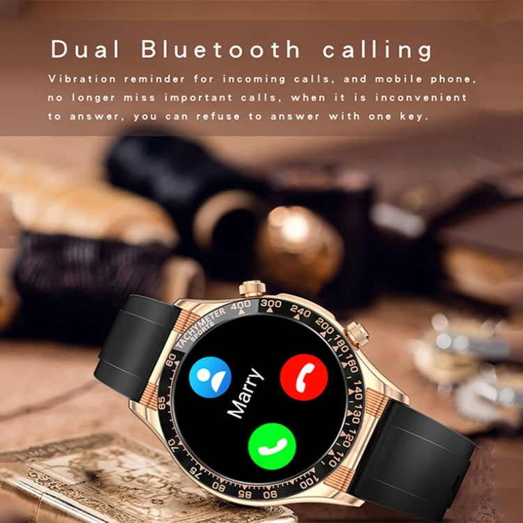 Smartwatch displaying call interface on black dial with gold-tone bezel and black strap