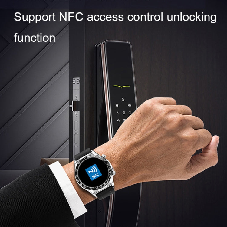 Smartwatch on wrist with NFC icon on screen and black strap