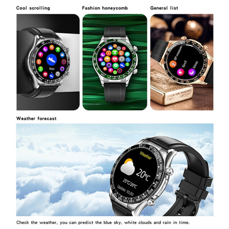 Smartwatch display with colorful app icons on black and green strap variants