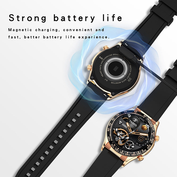 Smartwatch with black strap and gold-tone case shown with charging light effects