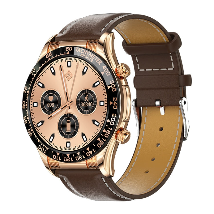 Smartwatch with brown leather strap, light dial, and gold-tone round case