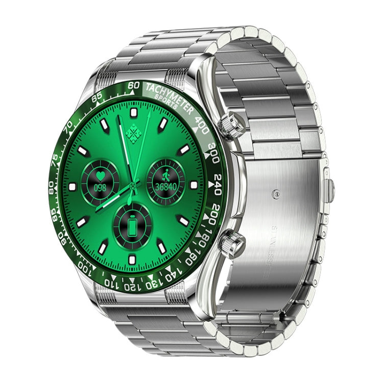 Smartwatch with green face and silver stainless-steel bracelet
