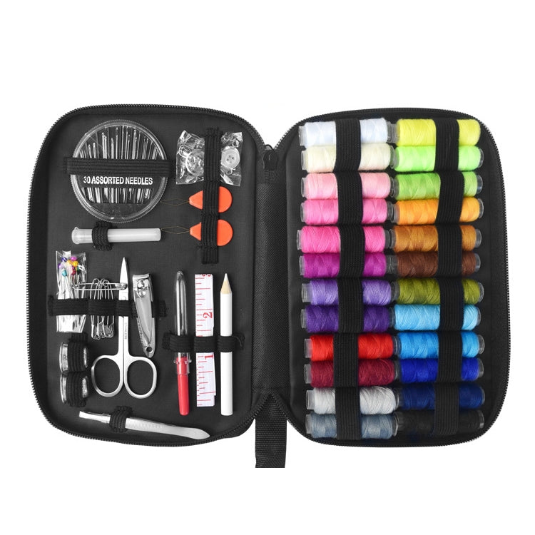 Black zippered sewing kit case with assorted needles, scissors, and colorful thread spools