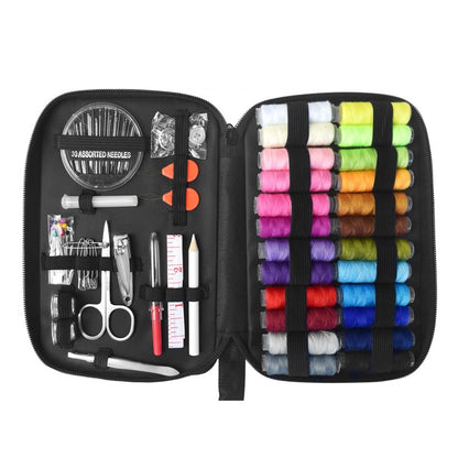 Black zippered sewing kit case with assorted needles, scissors, and colorful thread spools