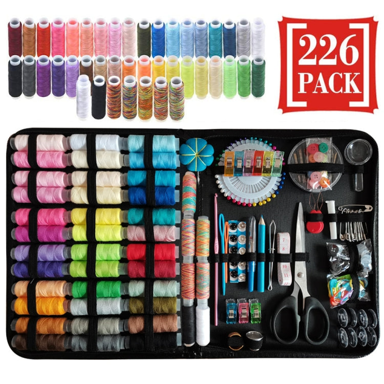 Black sewing box pack with colorful thread spools, needles, and small sewing tools