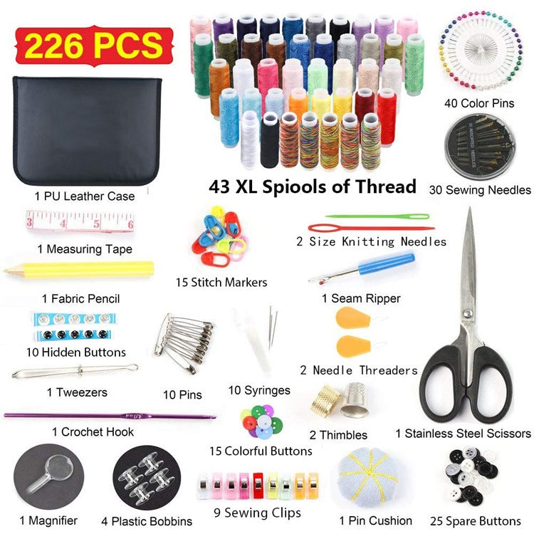 Sewing kit set with thread spools, needles, scissors, pins, and measuring tape