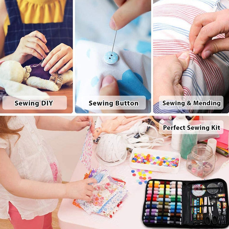 Compact sewing kit used for sewing and button work on fabric with threads and tools