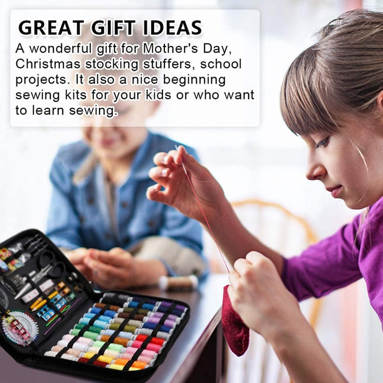 Parent and child sewing together with an open sewing kit case and colorful threads