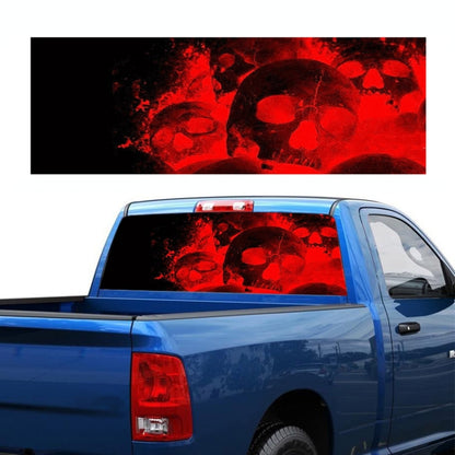 Red flame skeleton skull decal sticker for rear truck window, behind glass