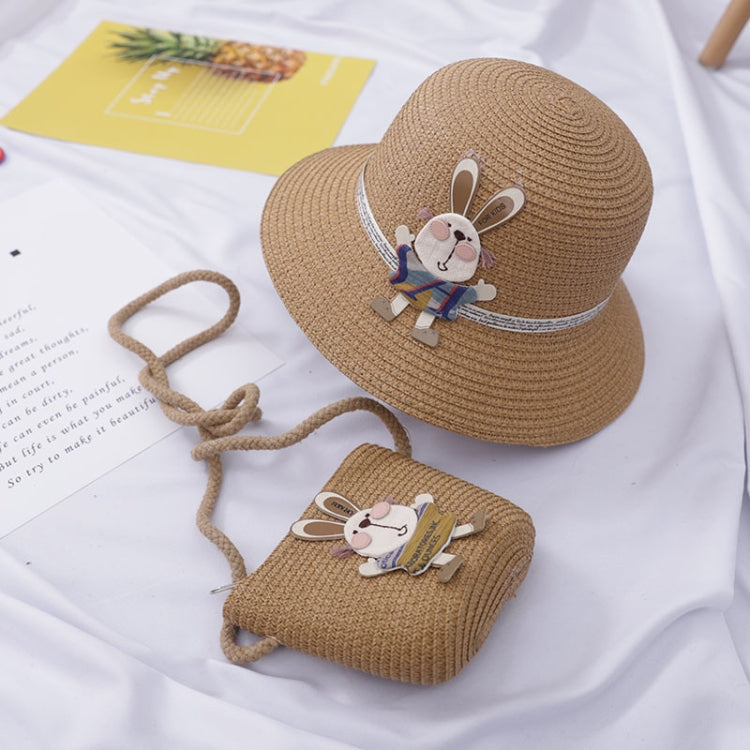 Children beach straw hat set with matching rabbit pouch bag, khaki/tan