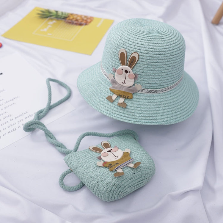 Children beach straw hat set with matching rabbit pouch bag, mint green