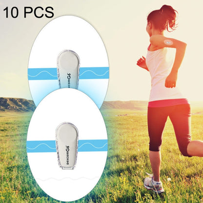 10 oval adhesive sensor patch stickers, transparent backing with blue stripe.