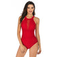 Red halter-neck one-piece swimsuit with high neckline and sheer center panel, front view.