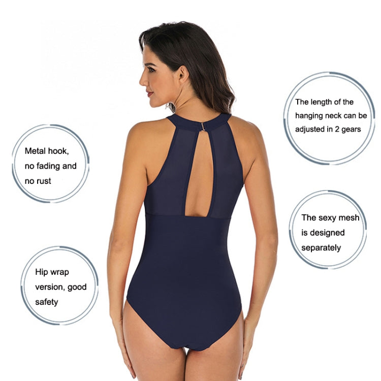 Navy halter one-piece swimsuit with open back keyhole and adjustable neck length