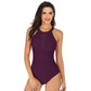 Ladies halter neck swimsuit, slim fit, purple with high neckline and attached bottom