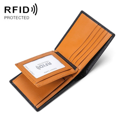 Brown and orange leather RFID tri-fold wallet with card slots and black edge trim