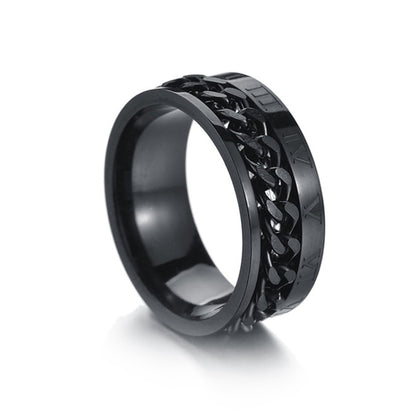 Black titanium steel ring with turnable chain design and Roman numeral pattern