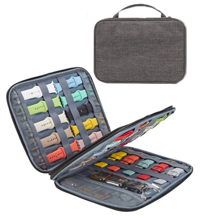 Apple Watch storage bag with long strap, gray open organizer with colorful band slots