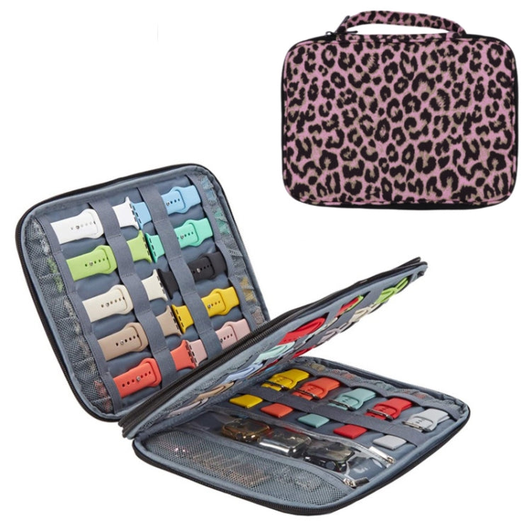 Apple Watch storage bag with long strap, pink leopard open organizer with band slots