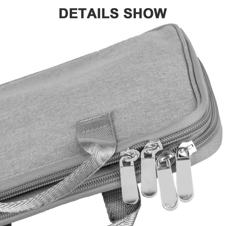 Grey double-layer organizer bag with metal zipper and reinforced strap tab