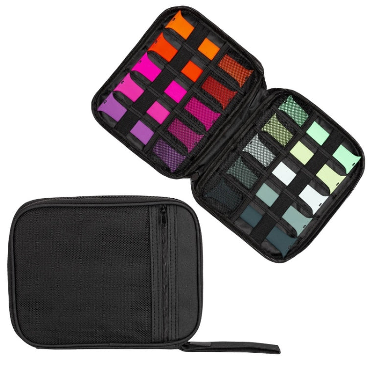 Portable mesh storage bag with zipper, black fabric case and divided organizer interior.