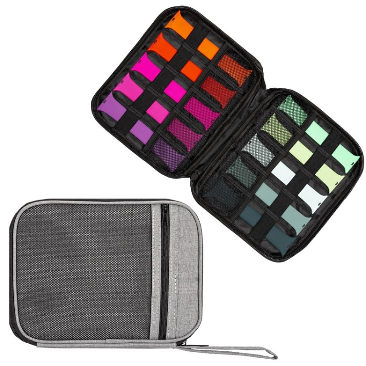 Portable mesh storage bag with zipper, gray fabric case and divided organizer interior.