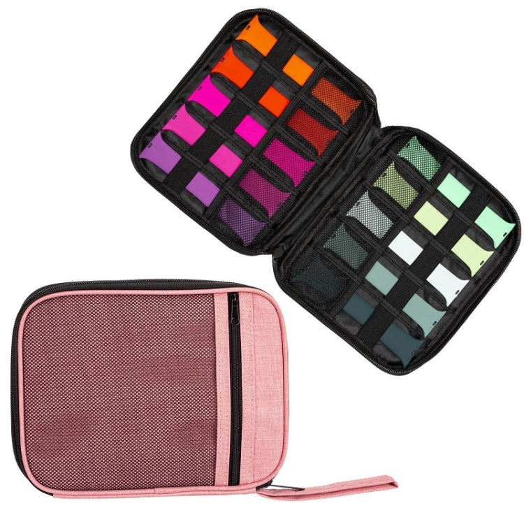 Portable mesh storage bag with zipper, pink fabric case and divided organizer interior.