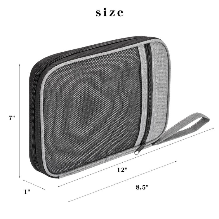 Gray portable mesh storage bag with zipper and interior divider panels; size shown.