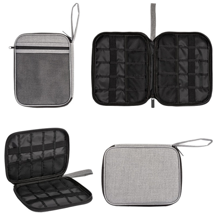 Portable mesh storage bag open and folded: gray and black cases with grid organizer compartments.