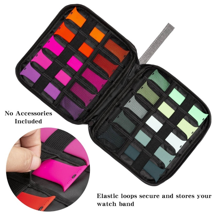 Portable mesh storage bag with elastic loops and multi-color grid organizer panels, black trim.